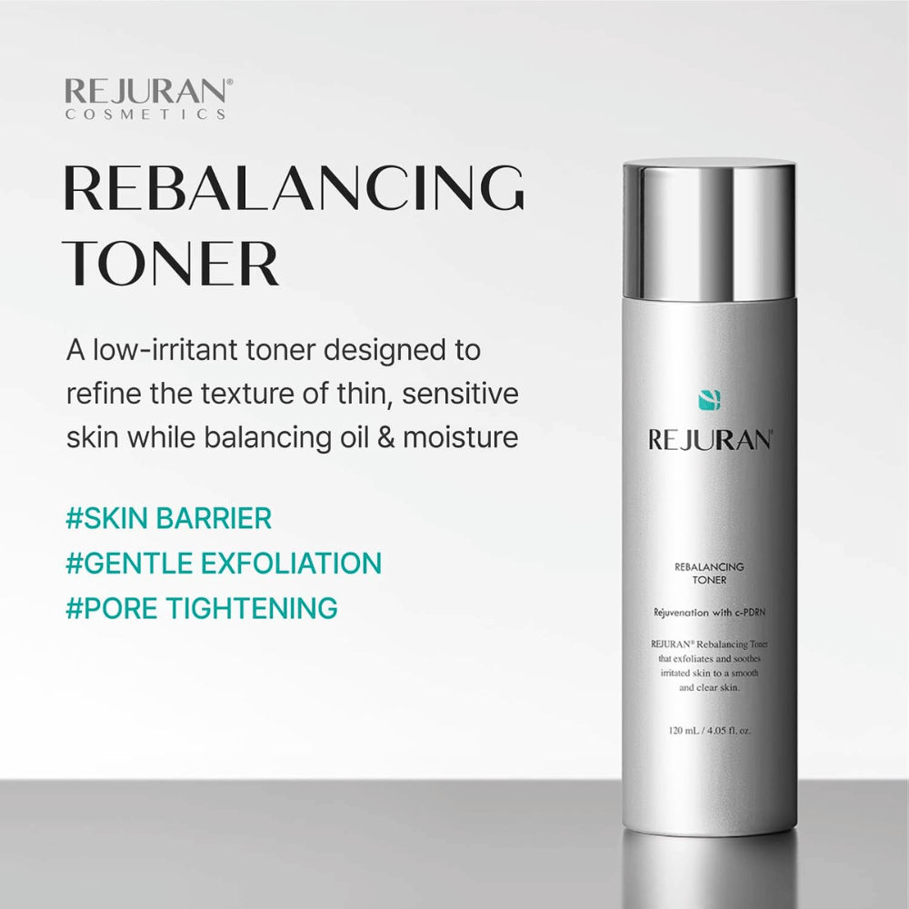 Rejuran Rebalancing Toner 120 ml, tónico facial suavemente exfoliante con C-PDRN para piel sensible. Botella plateada con beneficios del producto.