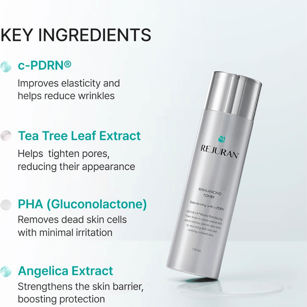 Rejuran Rebalancing Toner 120 ml con C-PDRN, extracto de tea tree, PHA y extracto de angélica. Botella plateada con resumen de ingredientes.