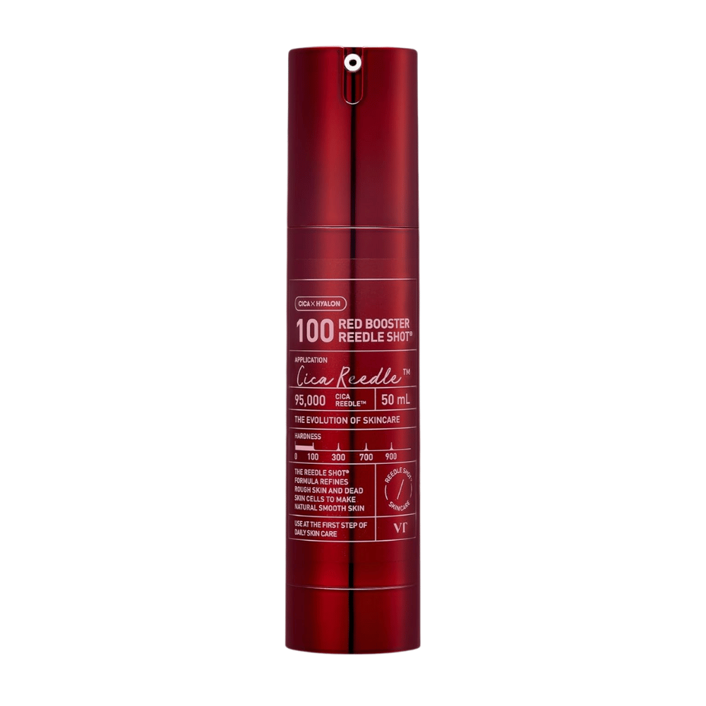 VT Cosmetics Red Booster Reedle Shot 100 suero microneedling en botella roja sobre fondo blanco, 50 ml, desarrollado para exfoliar, renovar la piel y mejorar la absorción en la rutina de cuidado de la piel.