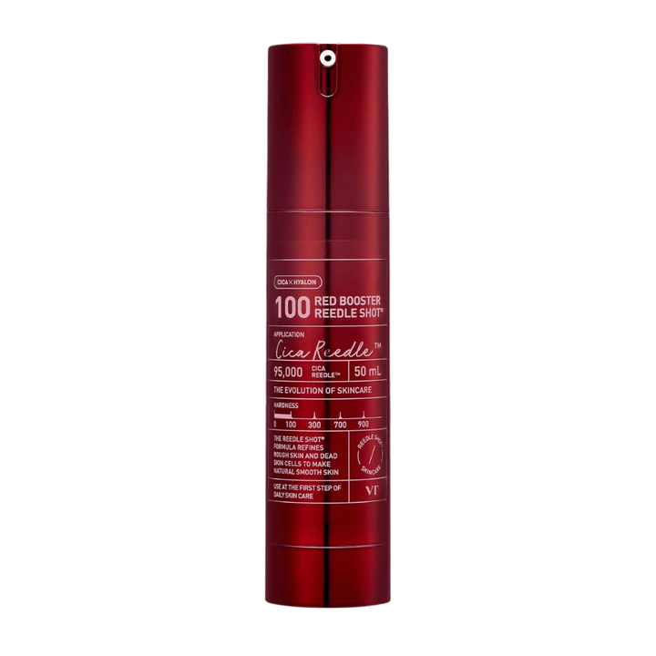 VT Cosmetics Red Booster Reedle Shot 100 suero microneedling en botella roja sobre fondo blanco, 50 ml, desarrollado para exfoliar, renovar la piel y mejorar la absorción en la rutina de cuidado de la piel.