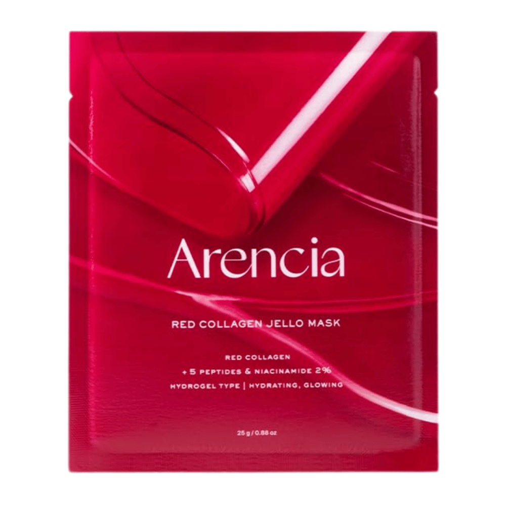 Primer plano de Arencia Red Collagen Jello Mask que muestra la consistencia similar a gel y la mascarilla rica en suero para un cuidado intensivo con colágeno.