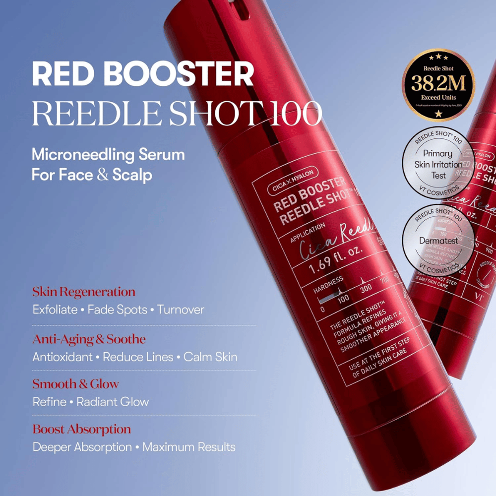 VT Cosmetics Red Booster Reedle Shot 100 suero microneedling para rostro y cuero cabelludo, diseñado para la renovación de la piel, mayor absorción, efecto anti-edad, tono de piel más uniforme y brillo natural.