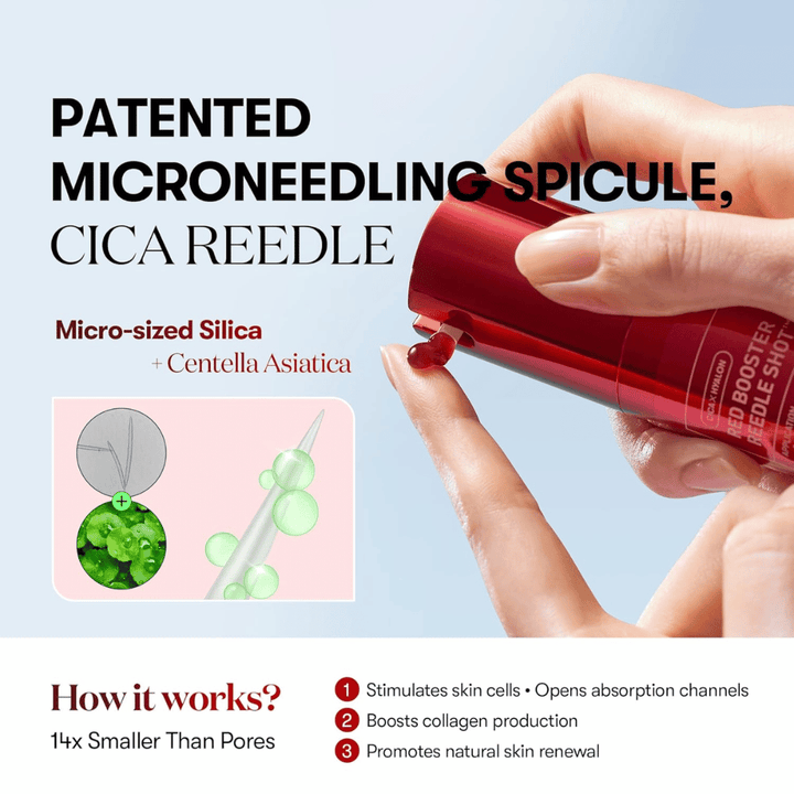 Primer plano de VT Cosmetics Red Booster Reedle Shot 100 que muestra la espícula de microneedling patentada con Reedle CICA, sílice microscópica y Centella Asiática que estimulan la renovación de la piel y el colágeno.