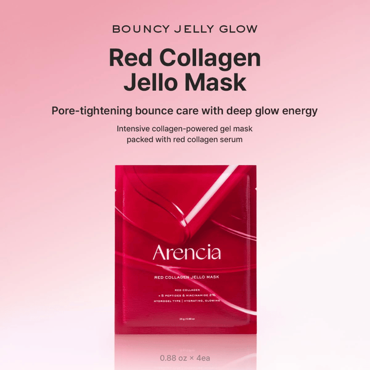 Arencia Red Collagen Jello Mask en empaque original - mascarilla de hidrogel coreana con colágeno rojo y péptidos para una piel rellena, hidratada y radiante.