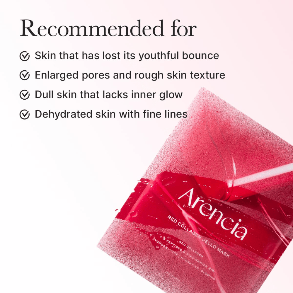Arencia Red Collagen Jello Mask se recomienda para piel cansada, poros dilatados, textura de piel desigual y piel deshidratada con líneas finas.