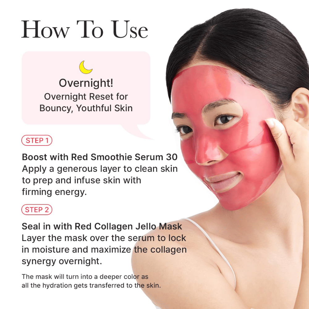 Guía de uso para Arencia Red Collagen Jello Mask como mascarilla nocturna - se aplica después del suero para proporcionar firmeza, hidratación profunda y piel juvenil durante la noche.