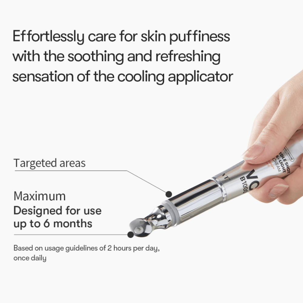 VT Reedle Shot Vita-Light Eye Cream con aplicador refrescante que reduce la hinchazón y proporciona una sensación refrescante al usar alrededor de los ojos.