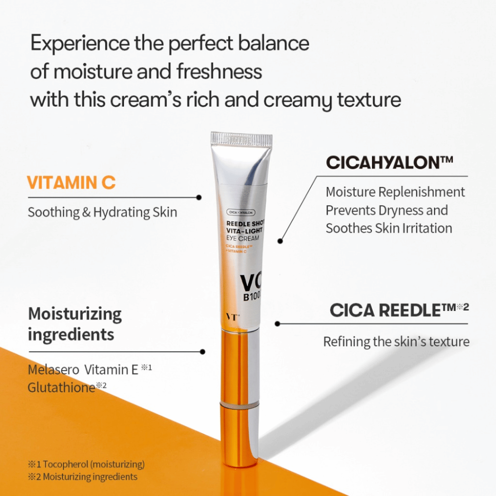 VT Reedle Shot Vita-Light Eye Cream con vitamina C, E y complejo CICA – crema para ojos en tubo metálico que hidrata, calma y mejora la textura de la piel.