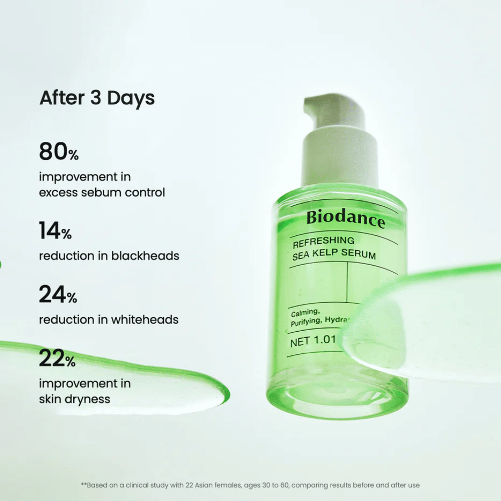 Resultado después de 3 días con Biodance Sea Kelp Serum – reducción de la producción de sebo y disminución de puntos negros.