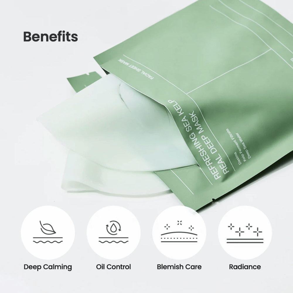 Beneficios de Refreshing Sea Kelp Real Deep Mask:
🌿 Efecto calmante profundo
💧 Control de aceite
✨ Cuidado de imperfecciones
🌟 Brillo y piel radiante