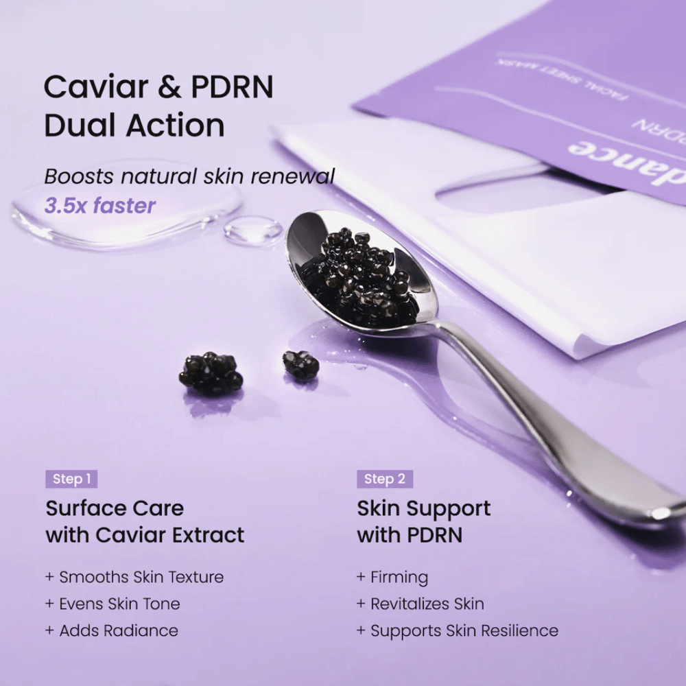 Caviar e ingredientes de PDRN en Biodance Rejuvenating Caviar PDRN Real Deep Mask que fortalecen la renovación de la piel y proporcionan una piel más firme