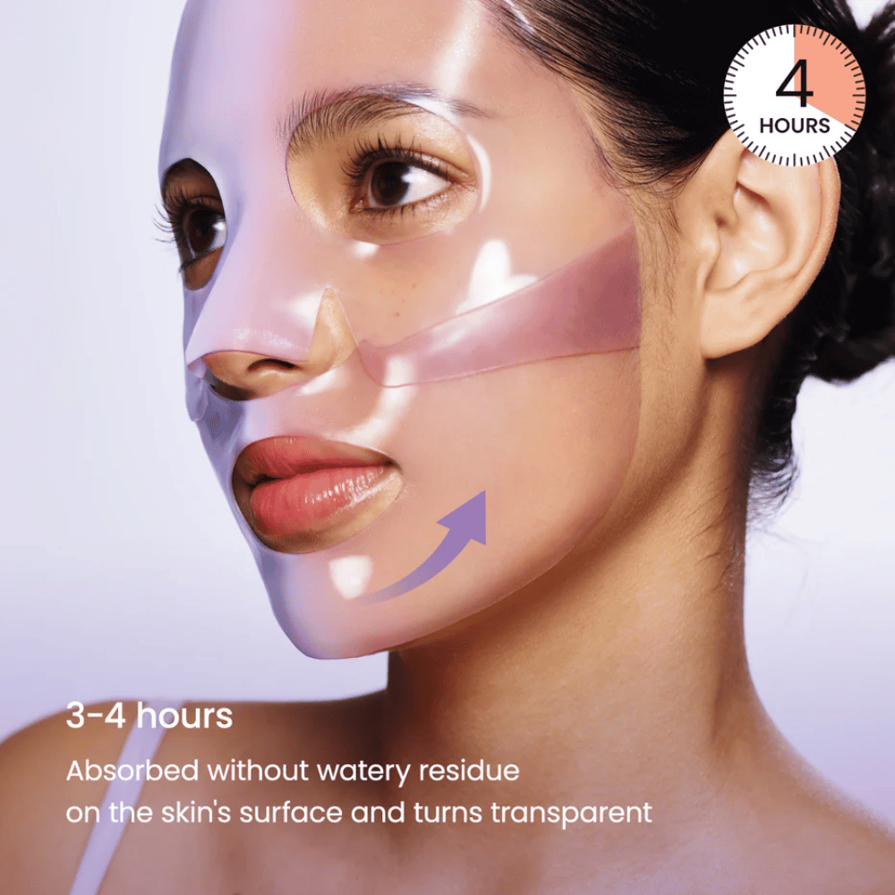 Biodance Rejuvenating Caviar PDRN Real Deep Mask aplicada en el rostro – mascarilla de gel que se absorbe y se vuelve transparente después de 3–4 horas