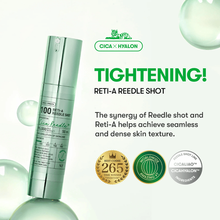 Imagen del producto VT Reti-A Reedle Shot 100 enfocada en el efecto reafirmante, Cica y Hyalon que proporcionan una piel más uniforme, densa y elástica.