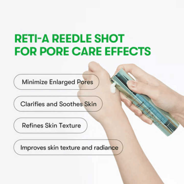 VT Reti-A Reedle Shot aplicado en la mano, muestra la textura del suero y su efecto para minimizar poros, calmar la piel y mejorar la luminosidad de la piel.