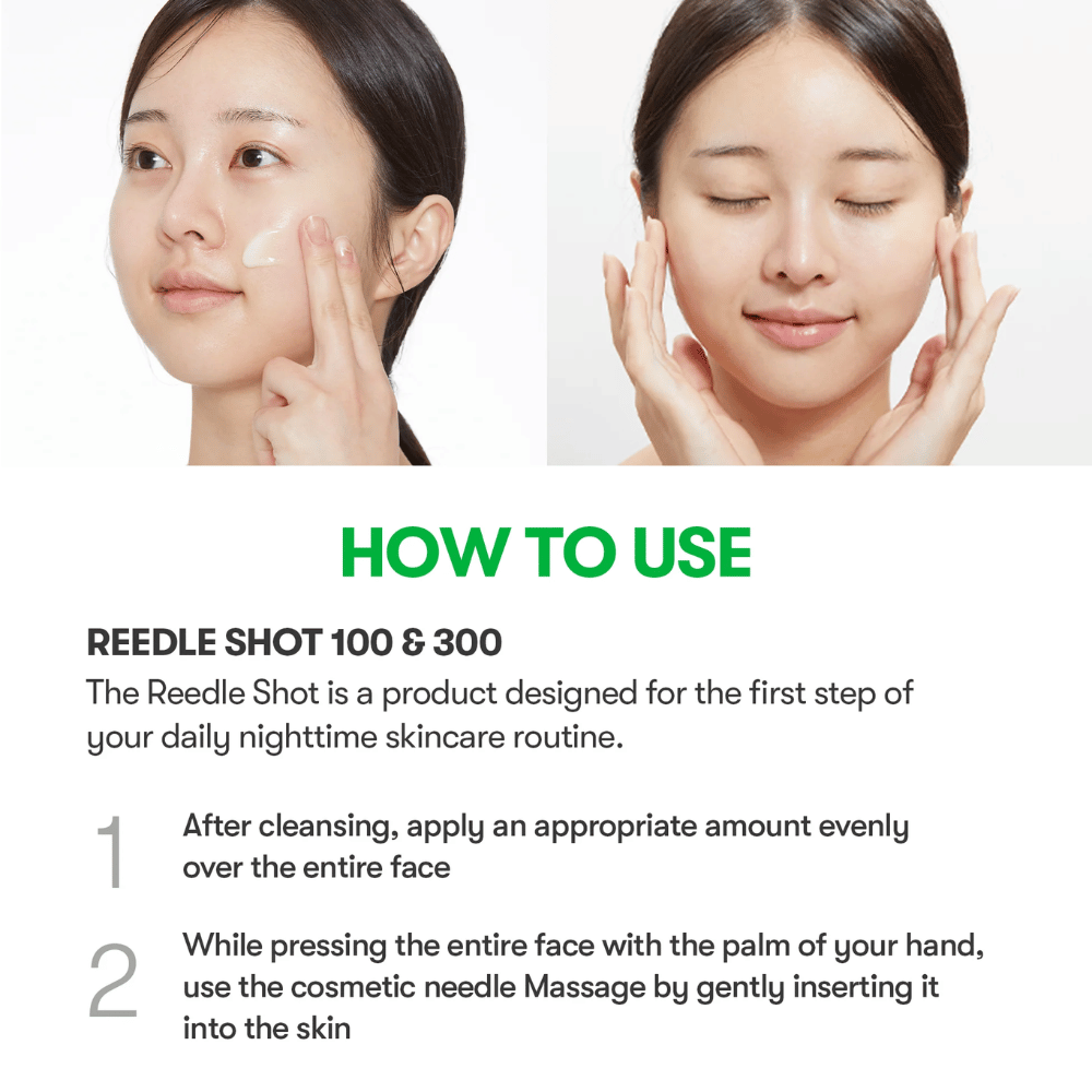 Imagen instructiva que muestra cómo se aplica VT Reti-A Reedle Shot en el rostro, primer paso en la rutina nocturna para mejorar la estructura de la piel y la absorción efectiva.