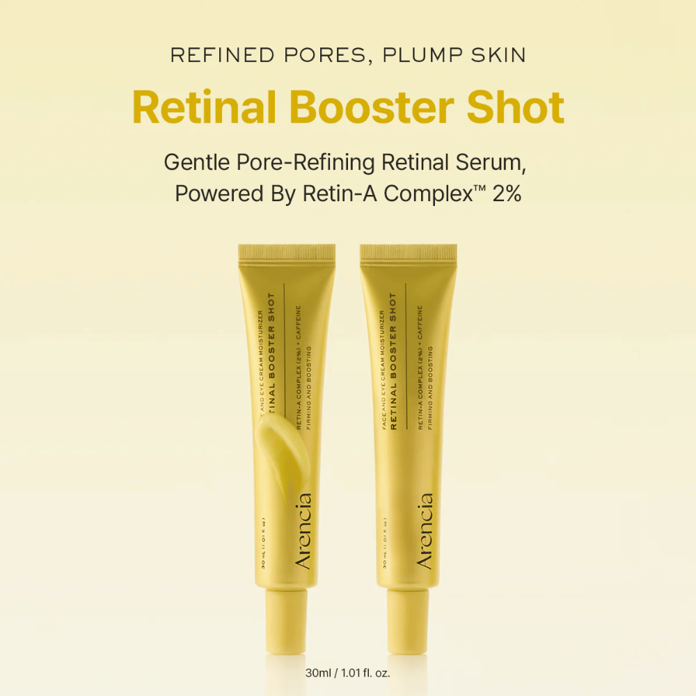 Presentación del producto de Arencia Retinal Booster Shot 2 %, suero retinal suave para poros refinados, piel rellena y textura de piel más uniforme.