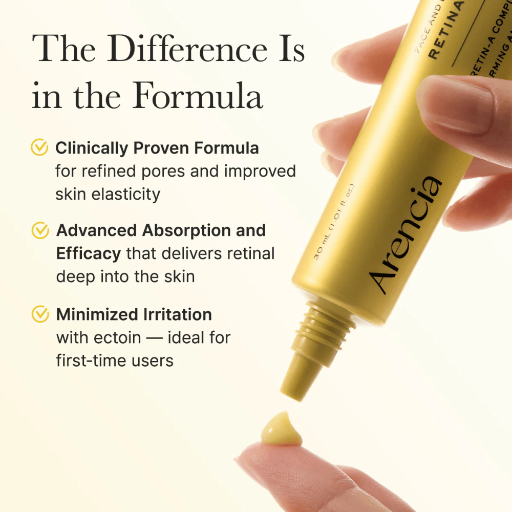 Primer plano de Arencia Retinal Booster Shot que muestra la fórmula y beneficios como efecto clínicamente probado, mejor absorción y mínima irritación.