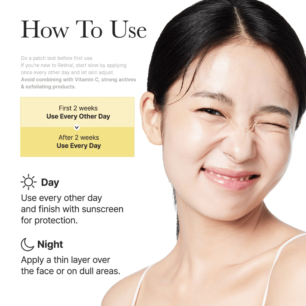 Imagen de instrucciones para Arencia Retinal Booster Shot con uso recomendado cada dos días las primeras dos semanas y luego diariamente, rutina de día y noche para retinal.