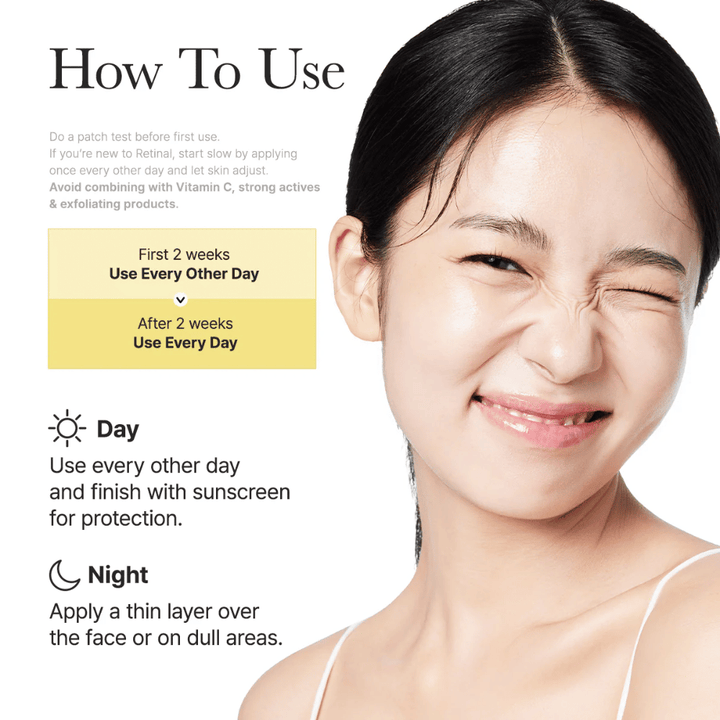 Imagen de instrucciones para Arencia Retinal Booster Shot con uso recomendado cada dos días las primeras dos semanas y luego diariamente, rutina de día y noche para retinal.