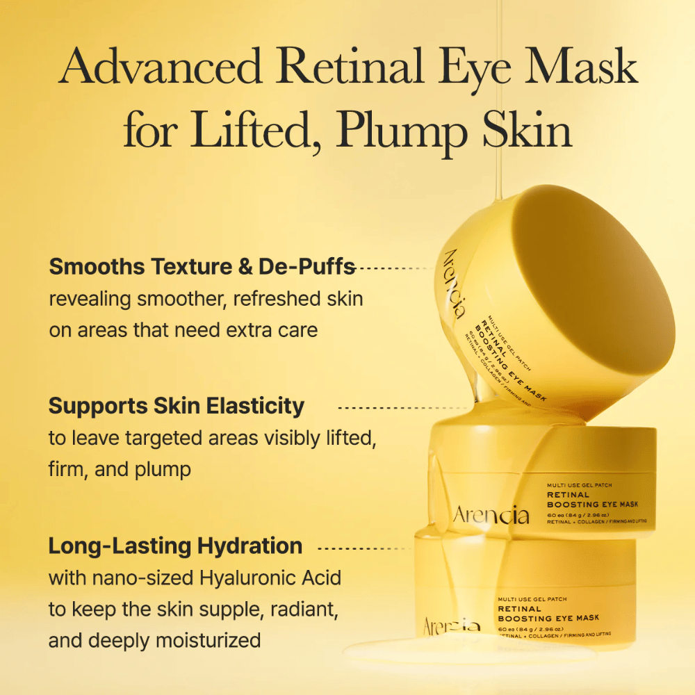 Imagen promocional de la mascarilla ocular con retinal que describe beneficios como una piel más firme, menor hinchazón, elasticidad mejorada e hidratación profunda para las zonas que necesitan cuidado extra.