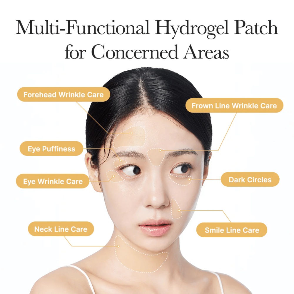 Imagen informativa que muestra cómo los parches de hidrogel pueden usarse en varias zonas del rostro, por ejemplo debajo de los ojos, en la frente, entre las cejas, alrededor de la boca y en el cuello para ayudar contra las líneas finas, las ojeras y la hinchazón.