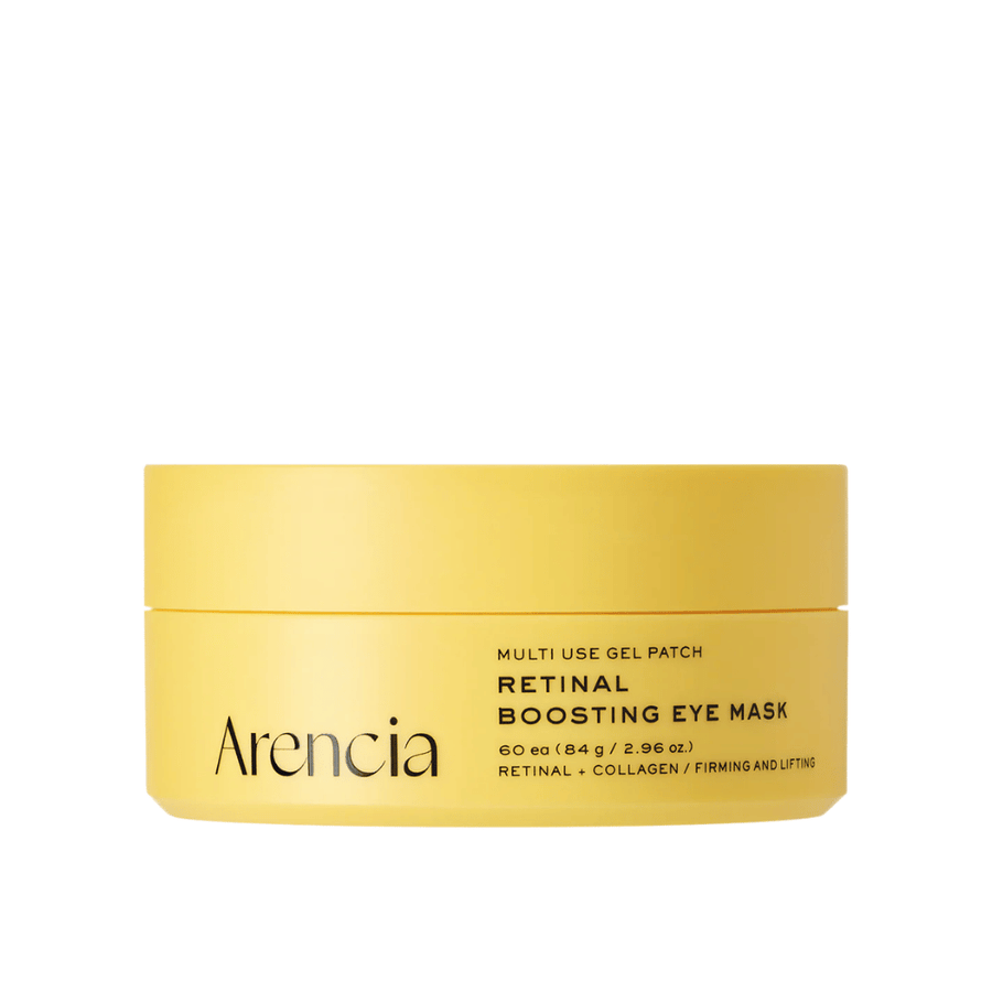 Imagen limpia del producto Arencia Retinal Boosting Eye Mask en envase amarillo con diseño minimalista y enfoque en el cuidado del contorno de ojos reafirmante e hidratante.