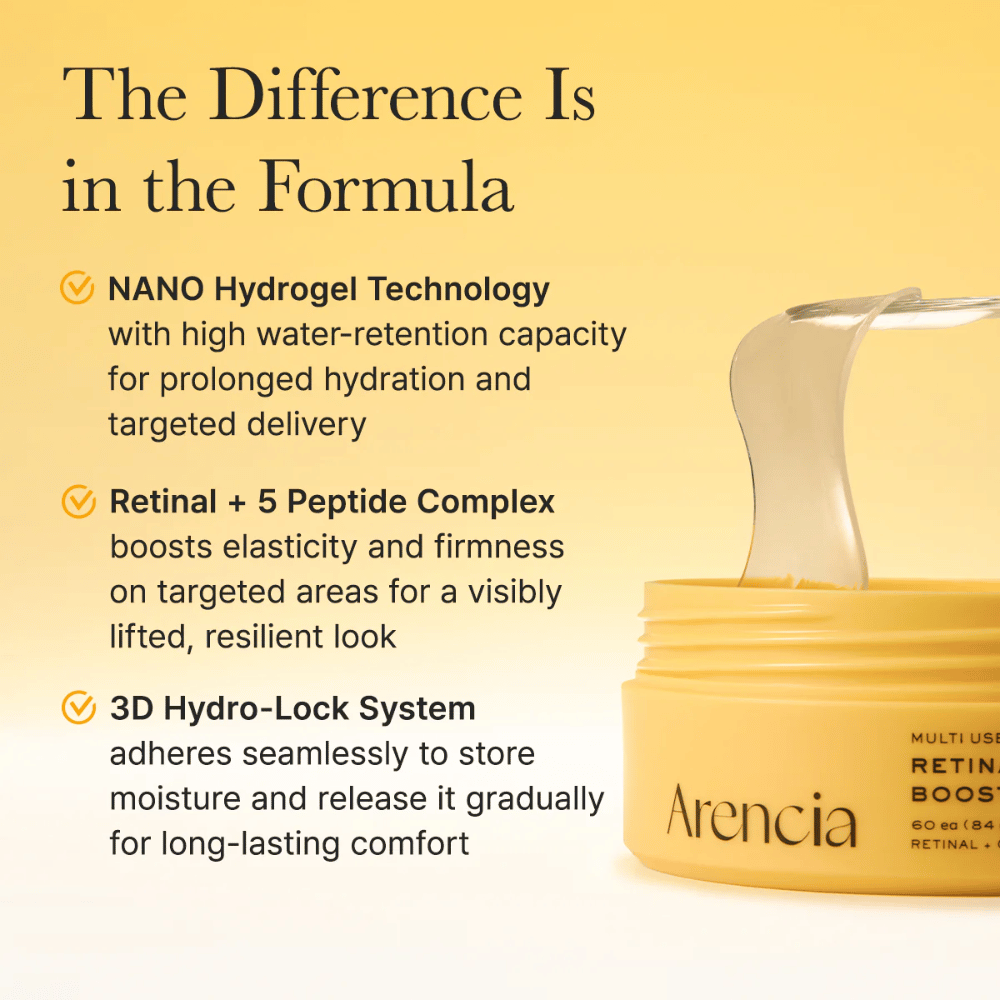 Imagen del producto de Arencia Retinal Boosting Eye Mask con el tarro abierto y parches de hidrogel. El enfoque está en una piel más rellena, una textura de la piel mejorada y ingredientes nutritivos como retinal y colágeno.
