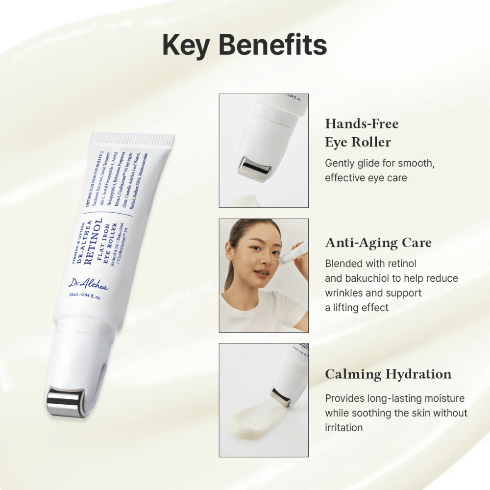 Dr. Althea Retinol Flat Iron Eye Roller con rodillo de metal para efecto refrescante, propiedades anti-edad y una hidratación duradera sin irritación.