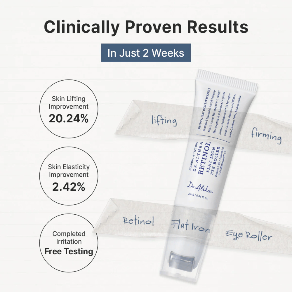 Dr. Althea Retinol Flat Iron Eye Roller con resultados clínicamente comprobados que mejoran la elasticidad de la piel y proporcionan una piel visiblemente más firme alrededor de los ojos.