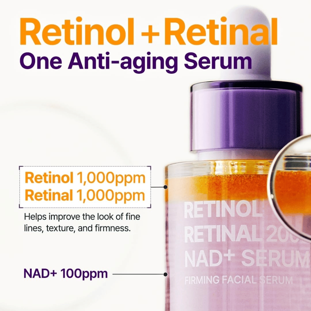 PURITO SEOUL Retinol Retinal 2000 NAD+ Serum con 1000 ppm de retinol, 1000 ppm de retinal y 100 ppm de NAD+ para líneas finas, textura y firmeza.