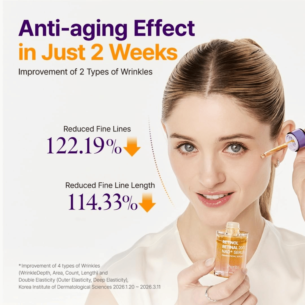 PURITO SEOUL Retinol Retinal 2000 NAD+ Serum – sérum antiedad coreano desarrollado para reducir la visibilidad de las líneas finas y las arrugas.