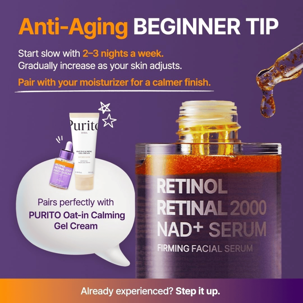 PURITO SEOUL Retinol Retinal 2000 NAD+ Serum – comienza a usar el sérum 2–3 noches por semana y combínalo preferiblemente con una crema hidratante.
