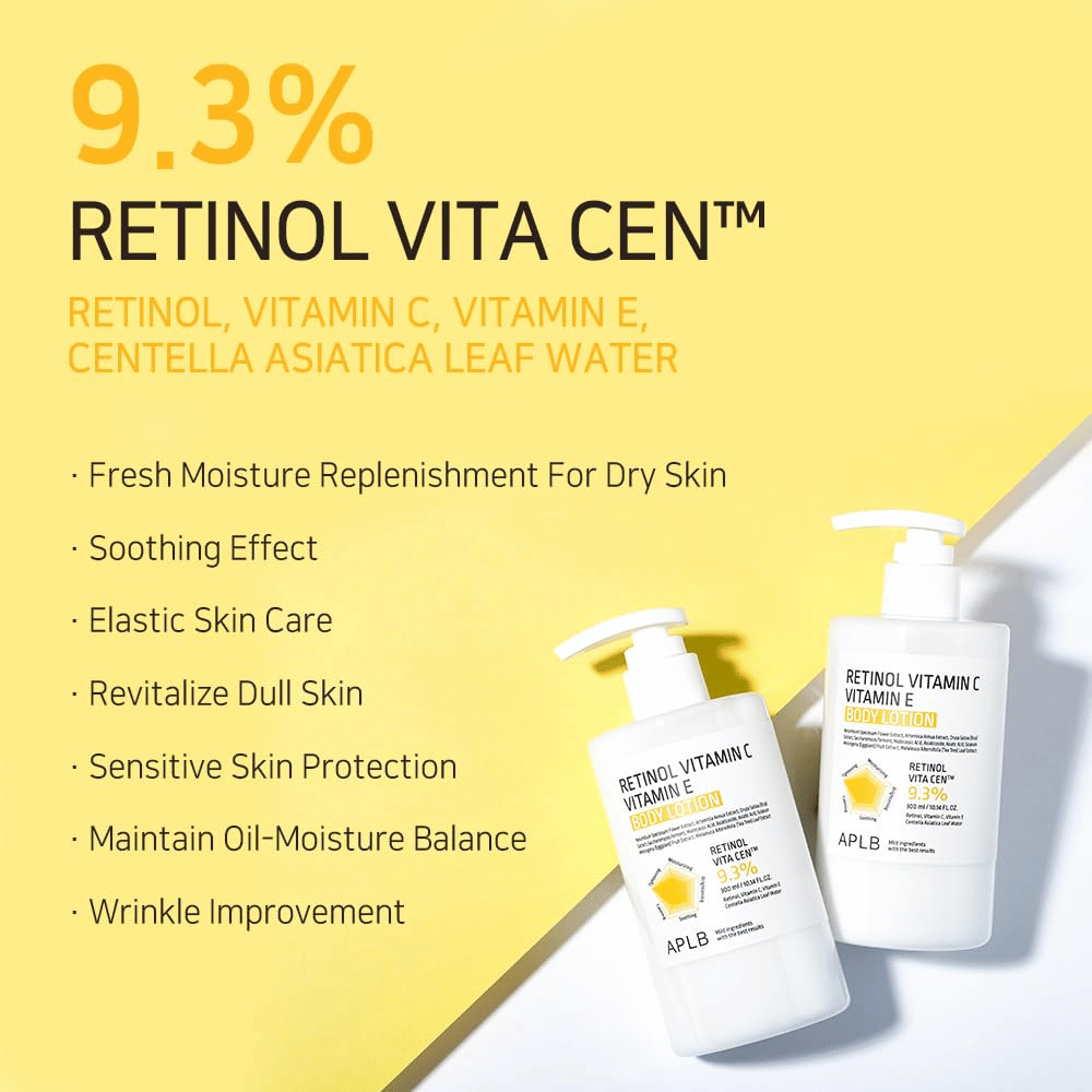Dos botellas sobre un fondo amarillo junto con texto que destaca los beneficios principales: hidratación, efecto calmante, mejora de la elasticidad, protección para la piel sensible y efecto antiedad.