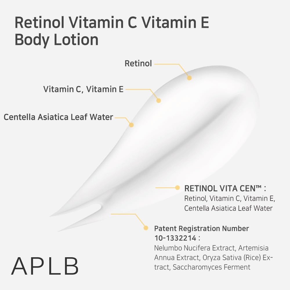 Un primer plano de una porción de crema con flechas que señalan los ingredientes clave: retinol, vitamina C, vitamina E y centella asiática. También hay texto sobre la formulación y los extractos del producto.