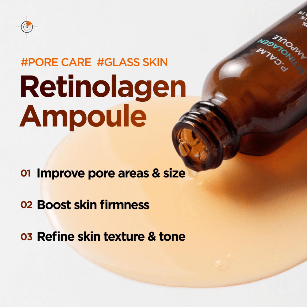 Imagen de marketing de P.CALM Retinolagen Ampoule con sérum fluyendo desde el frasco sobre una textura de sérum dorada. La imagen resalta beneficios como la mejora del tamaño de los poros, el aumento de la firmeza de la piel y un tono de piel más uniforme.