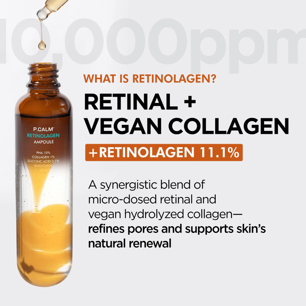 Imagen del producto de P.CALM Retinolagen Ampoule junto con información sobre “Retinolagen”, una combinación de retinal y colágeno vegano. La imagen enfatiza la renovación de la piel, la mejora de la textura cutánea y el refinamiento de los poros.