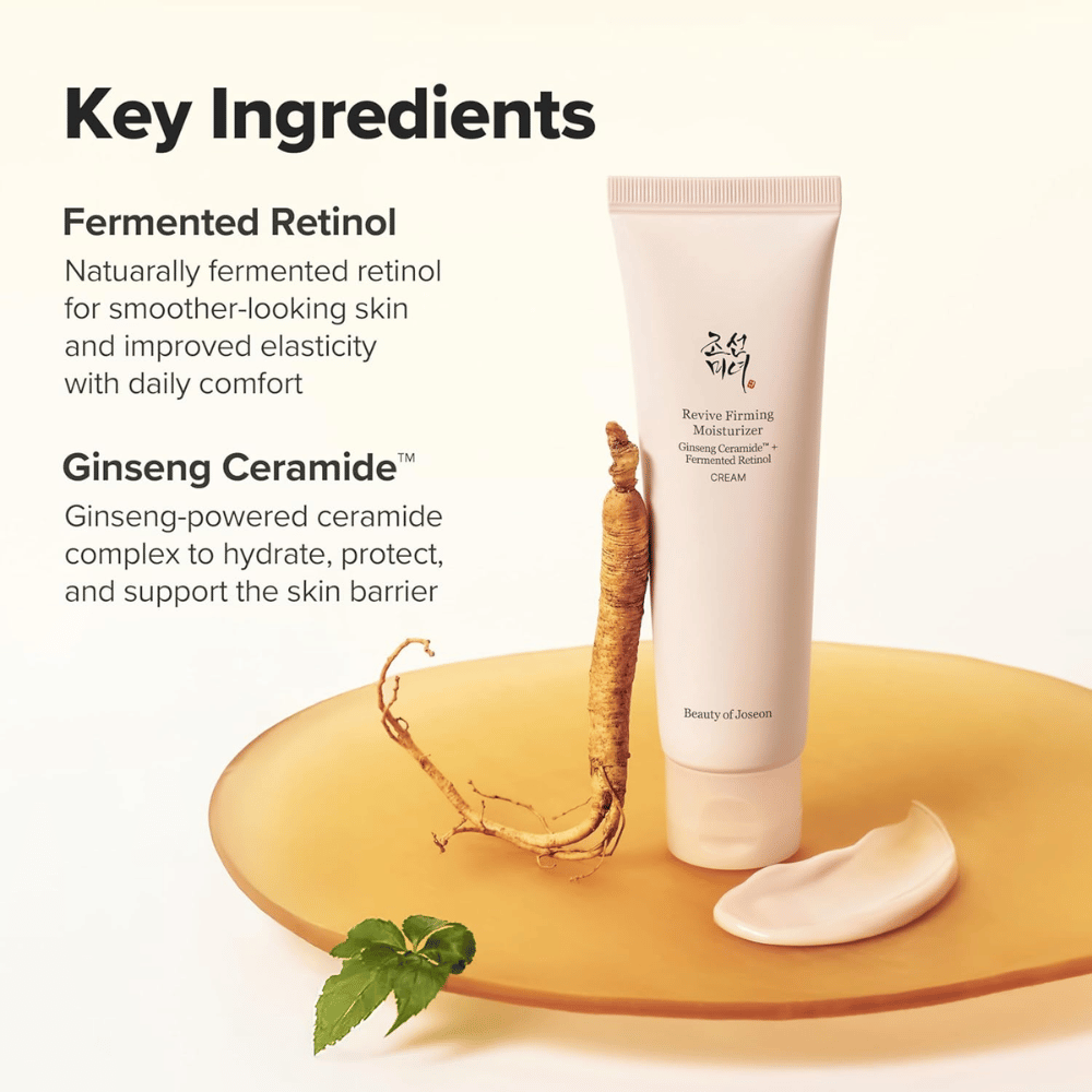 Imagen – ingredientes (SEO + EEAT)
Beauty of Joseon Revive Firming Moisturizer con ceramida de ginseng y retinol fermentado que fortalecen la barrera cutánea y mejoran la elasticidad de la piel.