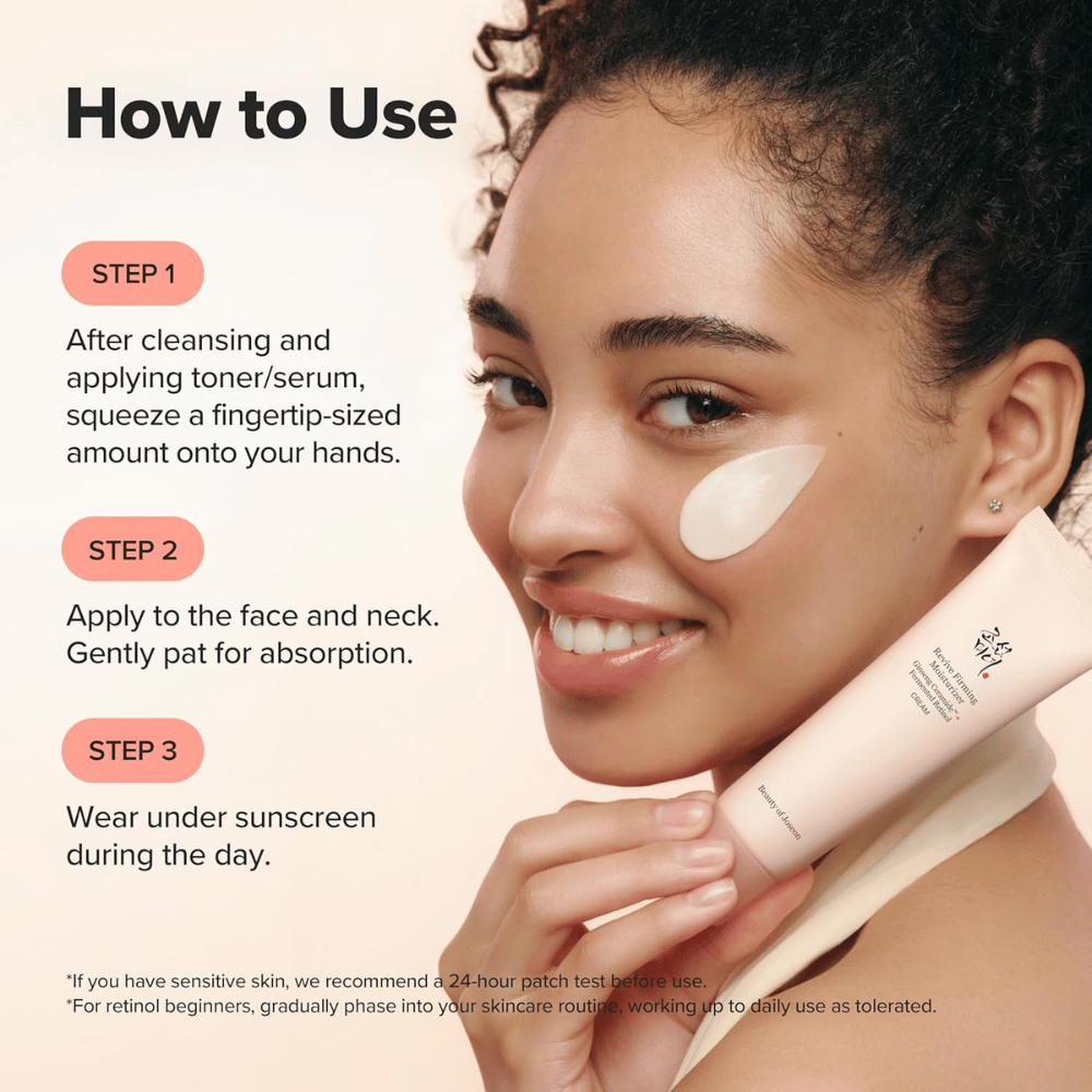 Imagen – how to use / aplicación
Beauty of Joseon Revive Firming Moisturizer se aplica en el rostro después de la limpieza, hidrata la piel y mejora la elasticidad con retinol.