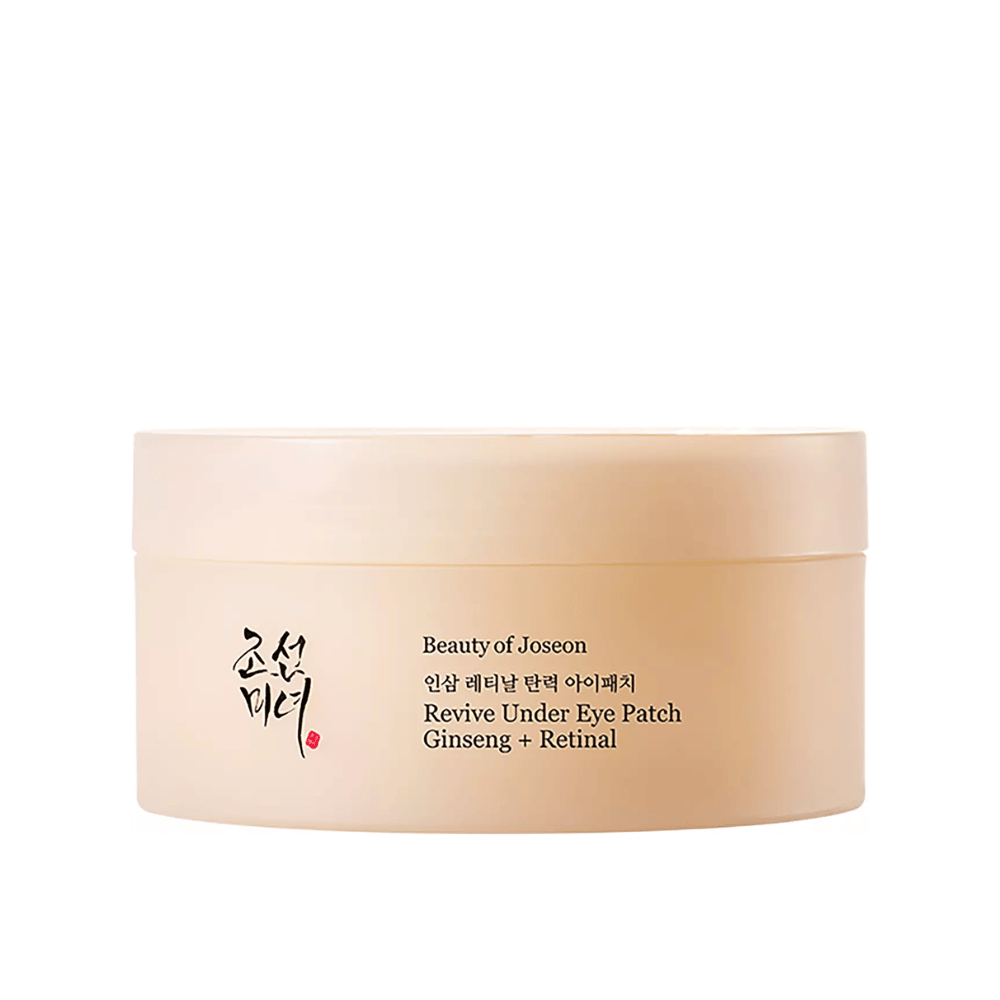 Beauty of Joseon Revive Under Eye Patch Ginseng + Retinal  en tarro, parches para ojos coreanos que ayudan a reducir líneas finas, círculos oscuros y sequedad alrededor de los ojos.