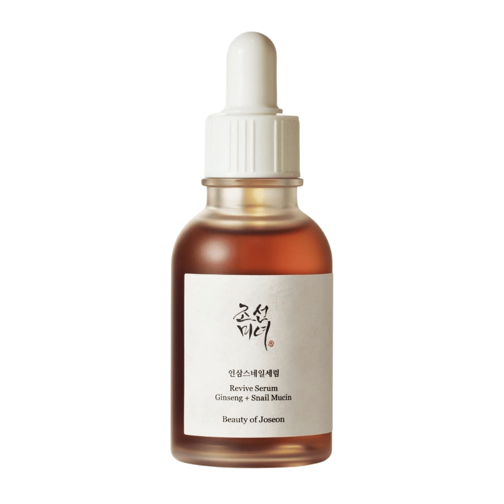Imagen del producto de Beauty of Joseon Revive Serum Ginseng + mucina de caracol en botella de vidrio marrón – suero anti-envejecimiento para una piel más firme.
