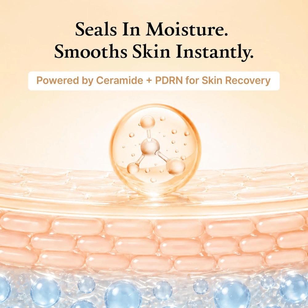 Imagen ilustrativa de cuidado de la piel que visualiza la hidratación y el refuerzo de la barrera cutánea con ceramidas y PDRN. El diseño simboliza cómo la fórmula ayuda a la piel a retener la humedad y proporcionar una sensación de piel más suave y uniforme.