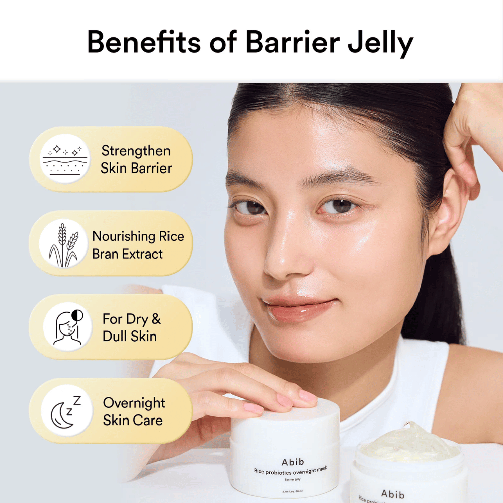 Mujer con piel radiante posa junto a Abib Rice Probiotics Overnight Mask. El texto muestra que el producto Ventajas: fortalece la barrera cutánea, extracto de arroz nutritivo, para piel seca/apagada y cuidado nocturno.