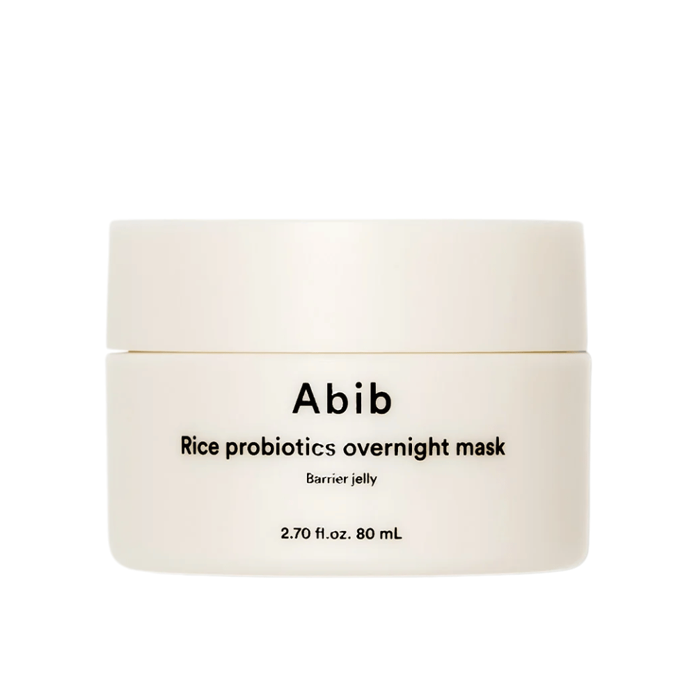 Imagen del producto en Abib Rice Probiotics Overnight Mask Barrier Jelly – un frasco blanco con texto negro que contiene 80 ml de mascarilla nocturna para fortalecer la barrera cutánea e hidratar la piel.