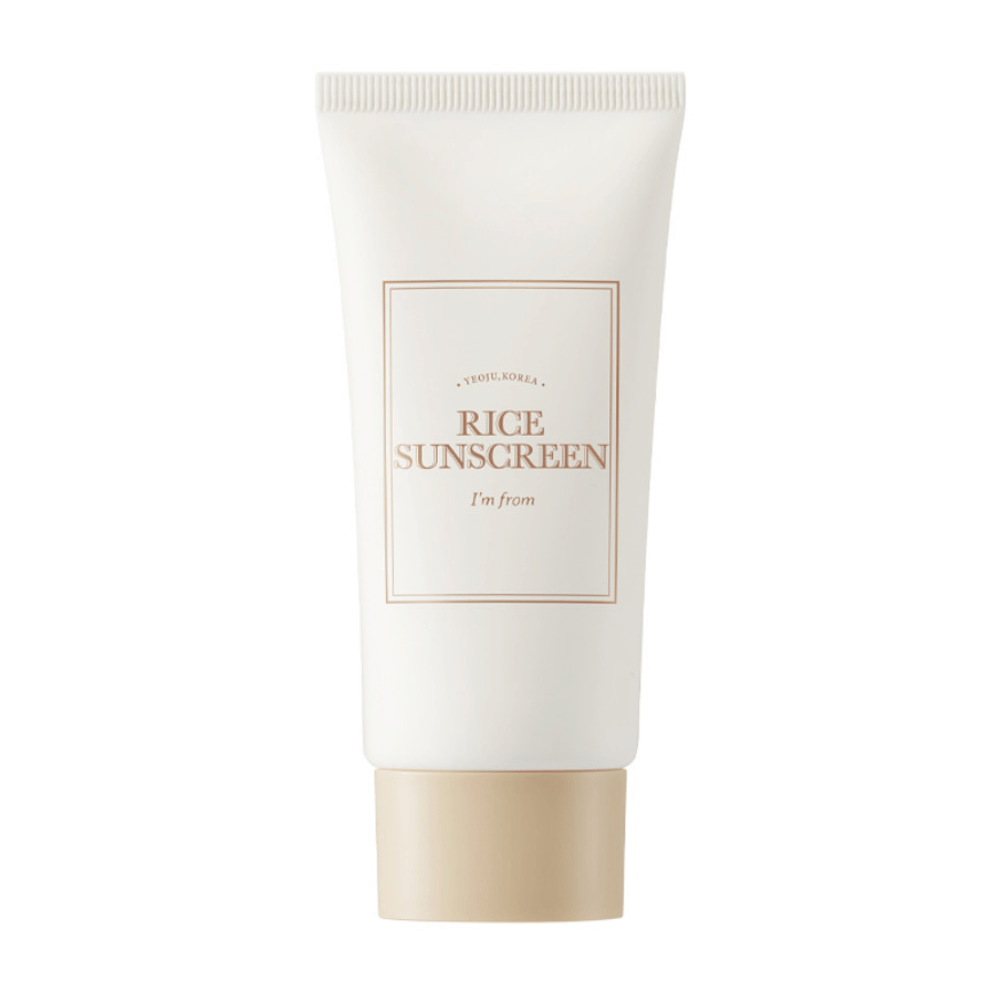 Tubo con "I'm from" Rice Sunscreen SPF50+ PA++++, protector solar con extracto de arroz.