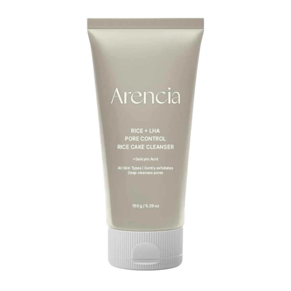 Arencia Rice + LHA Pore Control Rice Cake Cleanser en imagen completa contra un fondo blanco, limpieza facial coreana con arroz y LHA para una exfoliación suave y piel equilibrada.