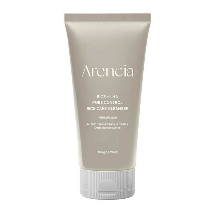 Arencia Rice + LHA Pore Control Rice Cake Cleanser en imagen completa contra un fondo blanco, limpieza facial coreana con arroz y LHA para una exfoliación suave y piel equilibrada.