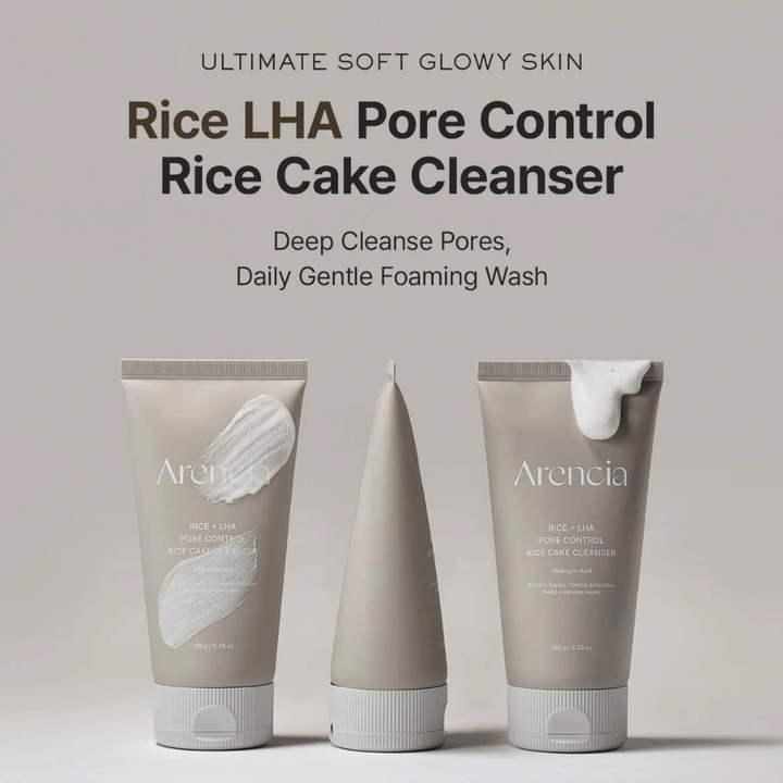 Presentación del producto de Arencia Rice + LHA Pore Control Rice Cake Cleanser desde varios ángulos, limpiador facial espumoso diario para poros más claros y una textura de piel más uniforme.