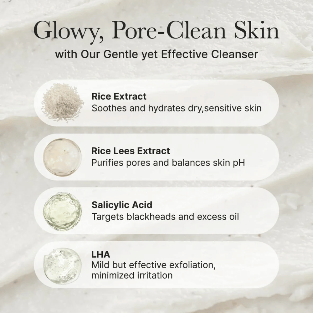 Resumen de ingredientes para Arencia Rice + LHA Pore Control Rice Cake Cleanser con extracto de arroz, extracto de lees de arroz, ácido salicílico y LHA para un efecto calmante, limpiador de poros y equilibrante.
