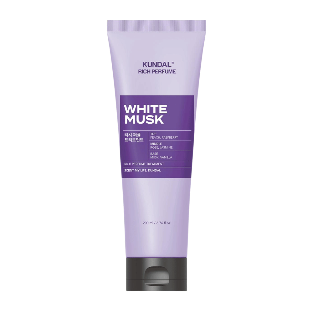 2. KUNDAL Rich Perfume Body Lotion White Musk 200 ml – loción corporal hidratante con aroma a melocotón, frambuesa, rosa, jazmín, almizcle y vainilla