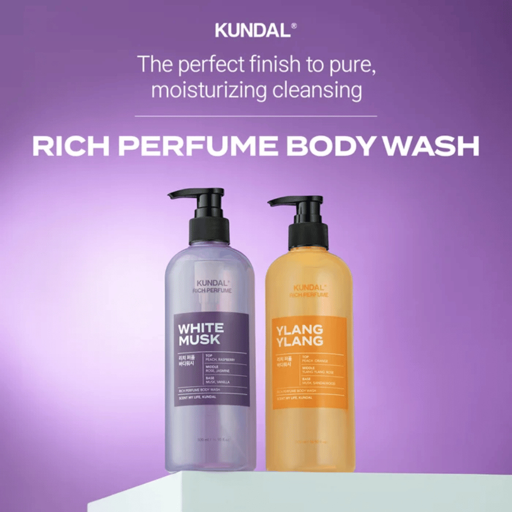5. KUNDAL Rich Perfume Body Wash White Musk & Ylang Ylang – limpiador corporal perfumado e hidratante